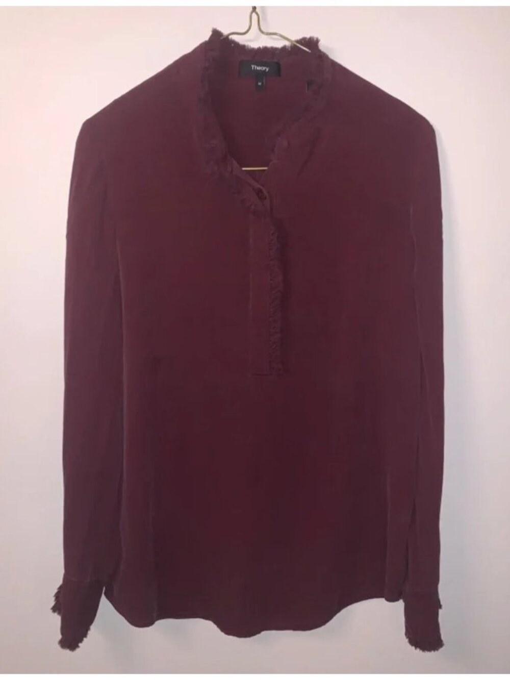 Theory 100% Silk Long Sleeve Ruffle Frayed Edge Blouse M